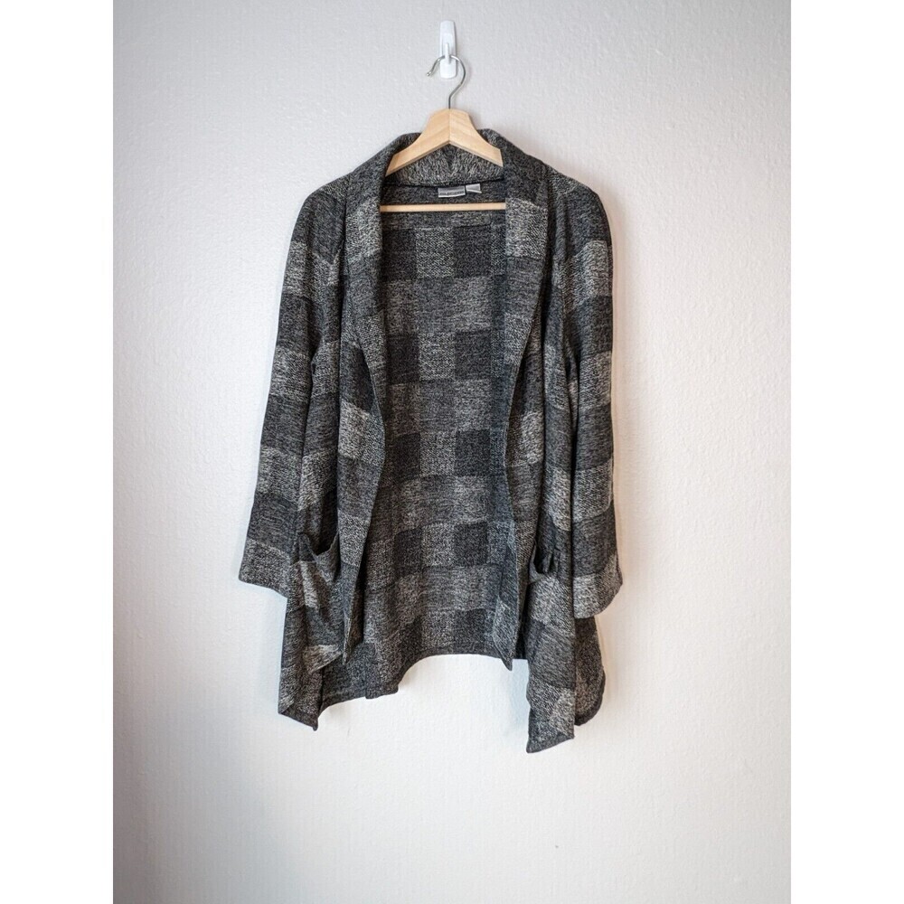 Chico's Open Plaid Gray Cardigan Sweater Check Sz 1 Draped Medium Contempory N51